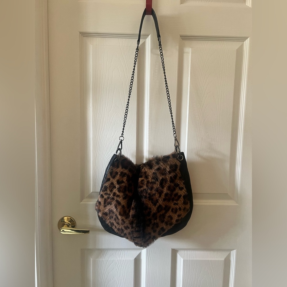 Zara Black Leather & Brown Leopard Fur Chain Shoulder Bag EUC